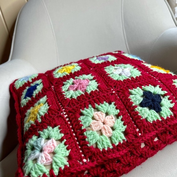 Vintage Granny Square Crochet Throw Pillow Red - Picture 3 of 3